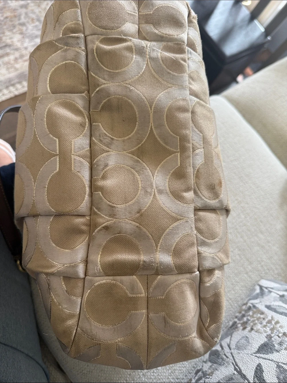 Vintage Coach Beige Signature Canvas Shoulder Bag with Brown Leather Trim